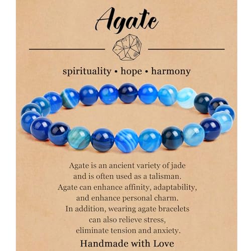 BOMAIL Natural Stone Bracelet for Women Men - 8MM Semi-Precious Gemstone Beaded Bracelet Healing Crystal Stretch Bracelet Yoga Bracelets Jewelry - color: Agate