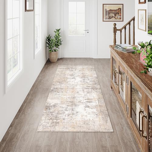2x5 Washable Runner Rug Beige Grey Abstract Non Slip Soft Low Pile Hallway Kitchen Rug Neutral Modern Carpet for Laundry Bathroom Bedroom Living Room Home Decor - color: Beige/Grey, size: 2' x 5' (Runner)