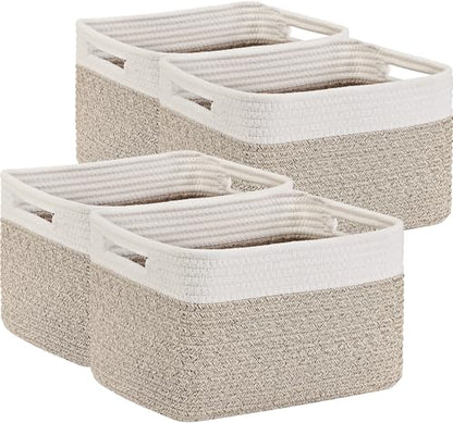 Optish 4 Pack Woven Basket for Storage, Basket for Organizing and Shelves, Rope Storage Basket for Toys, Towels, Books, Clothes, Baskets for Gifts Empty, 12.7'' X 8.3'' X 7.1'', White & Brown
