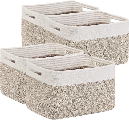 Optish 4 Pack Woven Basket for Storage, Basket for Organizing and Shelves, Rope Storage Basket for Toys, Towels, Books, Clothes, Baskets for Gifts Empty, 12.7'' X 8.3'' X 7.1'', White & Brown
