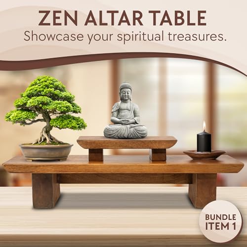 Meditation Altar Table and Meditation Ergonomic Kneeling Bench Bundle - Made of Strong and Durable Mango Wood