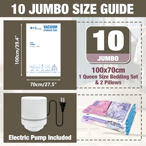 HIBAG Vacuum Storage Bags with Electric Pump, Vacuum Seal Bags for Clothing, Pillows, Blanket Bedding Comforters, 10 pack Jumbo - size: JUMBO