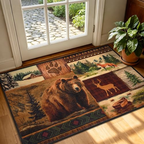 ASPMIZ 2x3 Rustic Entryway Rug Non-Slip Washable Indoor Door Mat — Buffalo Plaid Country Log Cabin Bear Deer Fox Design, Vintage Soft Faux Wool Low Pile Floor Carpet for Kitchen - color: Brown, size: 2' X 3' (Rectangular)