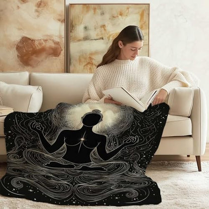 Zen Meditation Yoga Throw Blanket for Spiritual Men and Women, Black and White Line Art Fleece for Bedroom or Retreat, Gift for Mindfulness Yogis or Healing Space, 40x50 Inches - size: 50"x40"