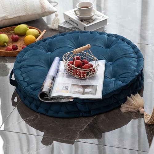 Round Floor Pillow, 23.6x23.6 Inch, Large Seat Cushion for Adults, Soft Thick Meditation Cushion Floor Seating with Handle for Yoga, Reading,Indoor, Outdoor, Dark Blue, 1PCS