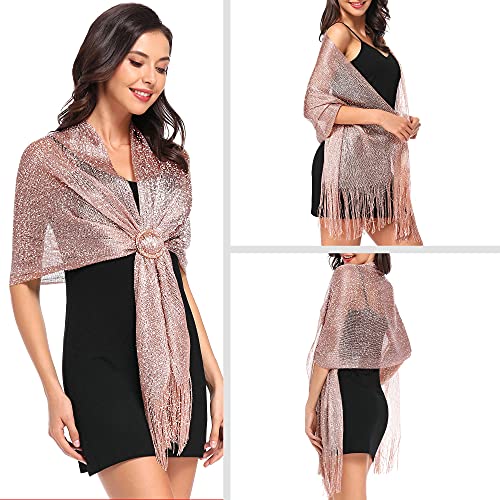 vimate Sparkling Metallic Shawls and Wraps for Evening Party/Wedding/Formal Dresses (With Free Buckle) - color: B#. Rose Gold (With Rose Gold Buckle)