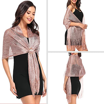 vimate Sparkling Metallic Shawls and Wraps for Evening Party/Wedding/Formal Dresses (With Free Buckle) - color: B#. Rose Gold (With Rose Gold Buckle)