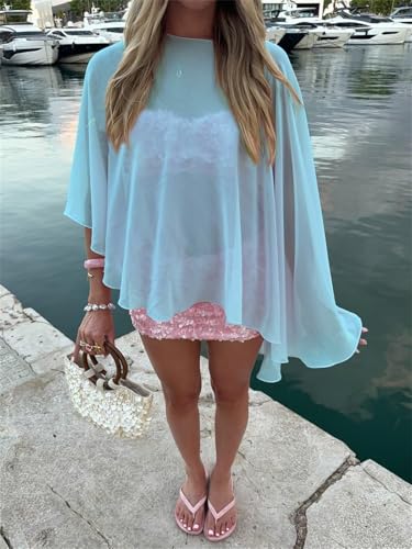 Women Chiffon Cape Shawls and Warps for Evening Dress Wedding Sheer Mesh Flowy Capelets Top - color: A-blue, size: Large