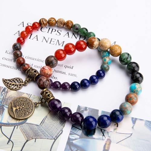 Bivei Natural Semi Precious Gemstone beads bracelet for women - Life Tree and Leaf Charm Energy Reiki Crystal Stretch Bracelets - color: # 7 chakras bracelet set- Bronze, size: Large:7.87-8.26inch