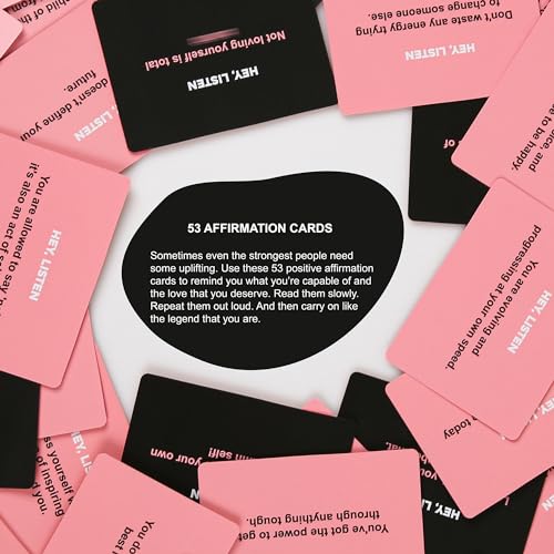 Hey Listen Affirmation Cards, 53 Daily Positive Motivational Cards with Wooden Stand, Boost Confidence, Achieve Goals, Mindfulness Inspirational Meditation Cards, Self-Care, Funny Gifts