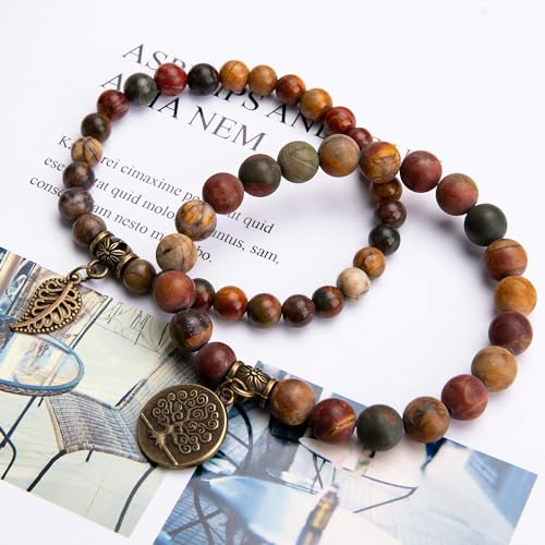 Bivei Natural Semi Precious Gemstone beads bracelet for women - Life Tree and Leaf Charm Energy Reiki Crystal Stretch Bracelets - color: Picasso Jasper Bracelet Set, size: Small:6.61-6.7inch