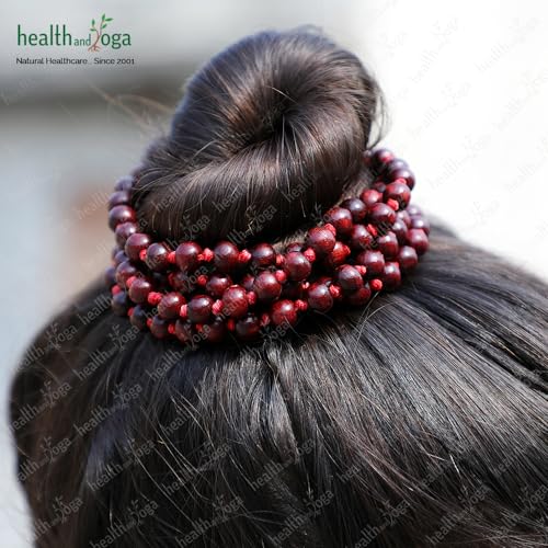 HealthAndYoga™ Rose Wood Mala (108 + 1 Beads with Tassel) & Velvet Bag - Hand Knotted Rosary for Mantra Chanting, Meditation - Invokes Vitality & Courage, Improves Skin Health, Influences Heart Chakra