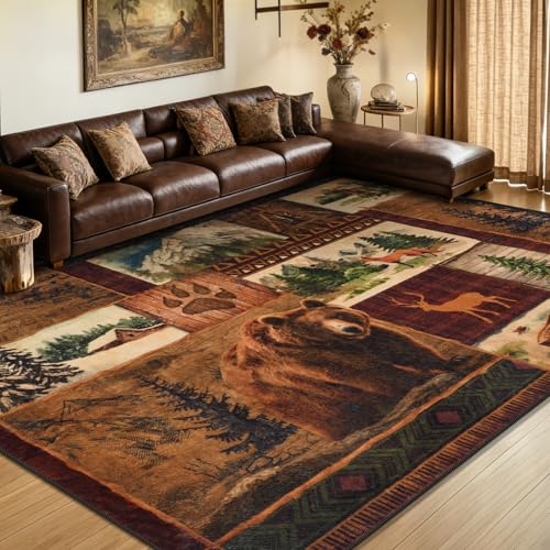 ASPMIZ 6x9 Large Rustic Area Rug Non-Slip Washable — Buffalo Plaid Log Cabin Bear Deer Fox Design, Vintage Soft Faux Wool Carpet Rugs for Living Room Open Space - color: Brown, size: 6' X 9' (Rectangular)