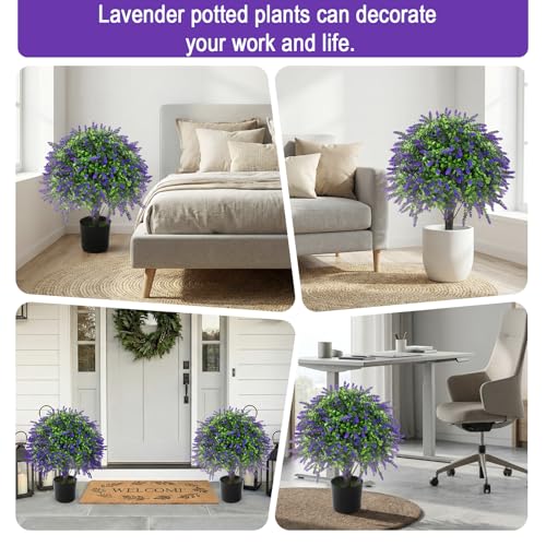 2 Pcs Artificial Lavender Topiary Ball Trees Potted Plants, UV Resistant Fake Lavender Topiary Plant Purple Trees for Garden, Front Door Porch and Outdoor Decor (Purple, M)
