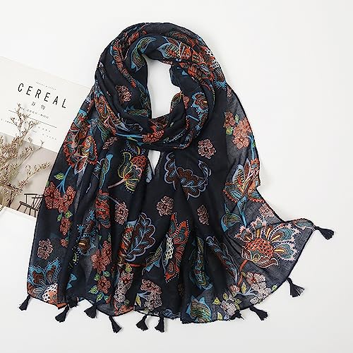 YOUR SMILE Large Boho Scarf for Women Lightweight Floral Printed Scarves Fall Winter Fashion Fringed Shawl wraps - color: 04 Navy Flower