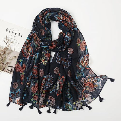 YOUR SMILE Large Boho Scarf for Women Lightweight Floral Printed Scarves Fall Winter Fashion Fringed Shawl wraps - color: 04 Navy Flower