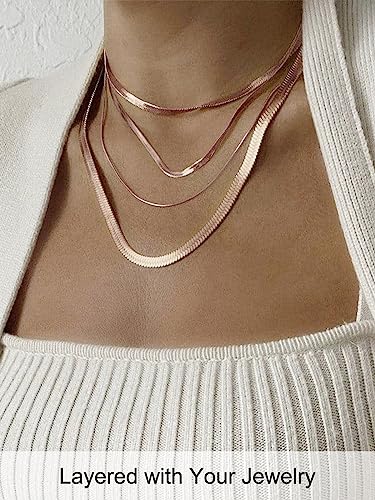 FOCALOOK 14K Gold Plated Necklaces for Women, Fashion Herringbone Choker Necklace Stainless Steel Flat Snake Chain 3/5MM(W) 12.5"/15"/18"+3.5"(L) - color: 5MM-Rose Gold-12.5"