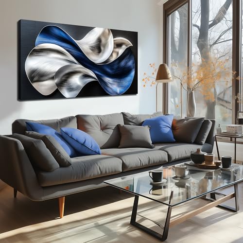 Blue Silver Abstract Picture Wall Art Modern 3D Textured Canvas Decor for Living Room Bedroom Office Flow Artwork 24" x 48" - color: Blue, size: 48"L x 24"W