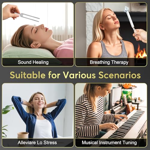 Tuning Forks for Healing Set (128Hz, 256Hz, 512Hz), Weighted Tuning Fork for Sound Therapy/Meditation/Yoga and Chakra with Mallet, Storage Pouch & Instruction Manual (Silvery)