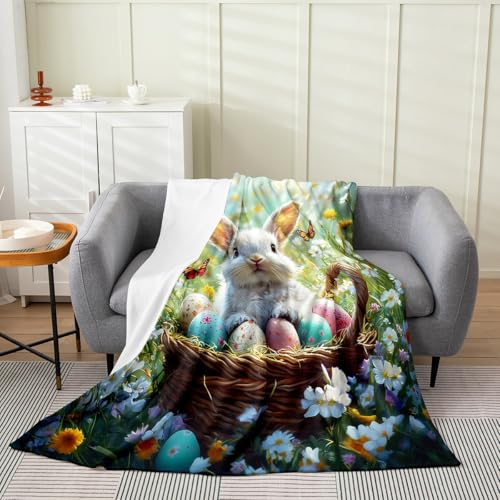 Cute Rabbit Flannel Blanket Colorful Eggs Fleece Throw Blanket Lightweight Soft Cozy Luxury Easter Fuzzy Blanket Butterfly Flowers Bed Blanket for Sofa Bedroom All Season(Baby 30"x40") - color: Green, size: Baby