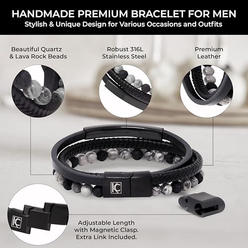 Premium Men’s Bracelet | Leather Bracelet for Men | Beaded Bracelets Black Onyx & Tiger-Eye Beads | Brown Leather Jewelry with Adjustable Stainless-Steel Clasp | Gift Dad Husband Son Boyfriend - color: Black/Grey