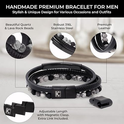 Premium Men’s Bracelet | Leather Bracelet for Men | Beaded Bracelets Black Onyx & Tiger-Eye Beads | Brown Leather Jewelry with Adjustable Stainless-Steel Clasp | Gift Dad Husband Son Boyfriend - color: Black/Grey
