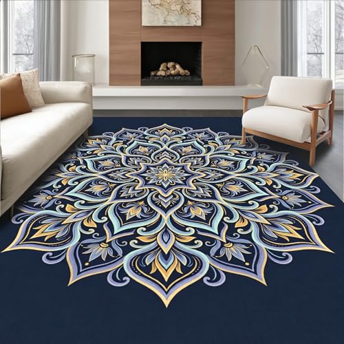 Design&I Low Pile Flatwoven Area Rug 4x6, Devotional Elegance Meditation Kneeling Cushion with Intricate, Machine Washable, Stain Resistant Indoor Rug for Living Room, Bedroom, Non Slip(Blue, 4x6) - color: Blue/Pattern 1, size: 4' x 6' (Rectangular)