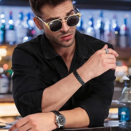 Men's Leather Bracelet, Stackable Stainless Steel Clasp Bracelets for Men Stylish Birthday, Thanksgiving, Valentine's Day Gift for My Man - style: 8.2" Braided Brown Leather