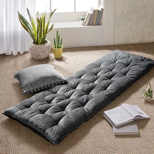 Intelligent Design Floor Pillow Lounger Luxurious Chenille Tufted, Piping Border, 3" Floor Lounger for Naps, Yoga, Games, Roll-Up & Travel-Friendly Sleeve Handle, Edelia, 27"W x 74"L x 3"H Charcoal - color: Charcoal