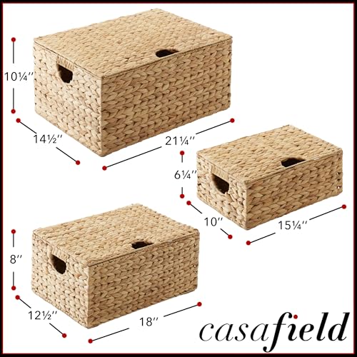 Casafield Set of 3 Water Hyacinth Rectangular Storage Baskets with Lids (Natural - Small/Medium/Large) for Bedroom, Bathroom, Laundry, Home Office