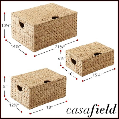 Casafield Set of 3 Water Hyacinth Rectangular Storage Baskets with Lids (Natural - Small/Medium/Large) for Bedroom, Bathroom, Laundry, Home Office