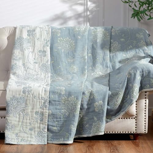 jinchan Boho 100% Cotton Muslin Twin Size 60x80 Inches Blanket Lightweight 4-Layer Quilted Soft Blue and White Floral Throw Blanket Green Accents Reversible Comfy Flower Summer Couch Bedroom Decor - color: Floral Blue White With Green Accents, size: 60"x8