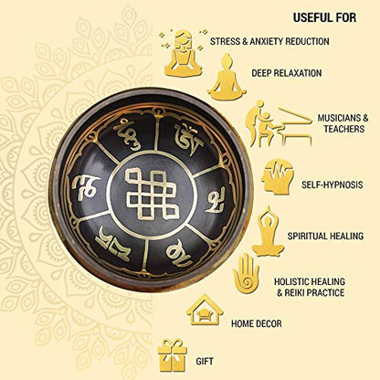 Tibetan Singing Bowl Set Bronze - Master Healing Grade - With Tibetan Thangka Art - Pure Tone By HIMALAYAN BAZAAR (Black & Yellow) - color: Black - Yellow