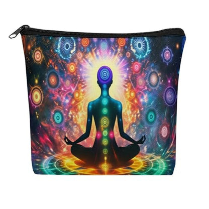 Chakra Meditation Large Capacity Linen Cosmetic Bag with Zipper for Women, Sturdy Durable Makeup Travel Bag for Toiletries Trip Organization