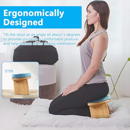 Prayer Bench, Foldable Bamboo Yoga Bench with Cushion and Carry Bag Ergonomic Kneeling Stool for Indoor Outdoor Sitting Thinking(Blue) - color: Blue