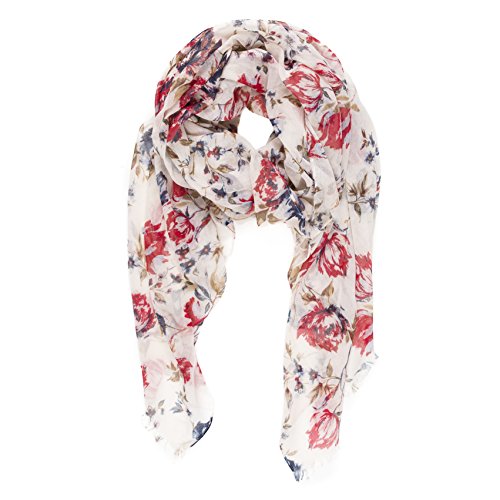 MELIFLUOS DESIGNED IN SPAIN Scarf for Women Lightweight Floral Flower Scarves for Summer Fall Shawl Wrap - color: Barcelona Collections 15 - Beige Red Flower