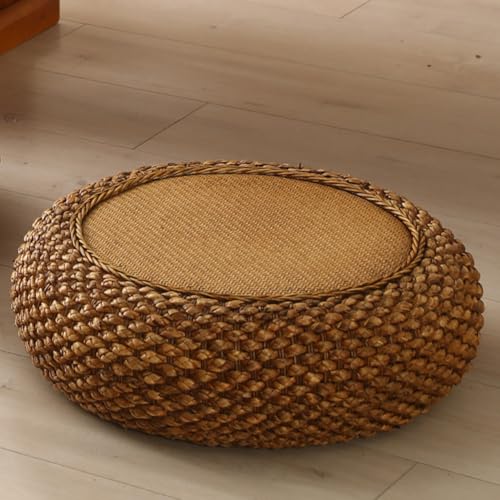 Srutirbo Japanese Floor Pillow, Tatami Meditation Cushion with Rattan Woven Breathable Design, Round Floor Seat for Adults - Ideal for Yoga, Bedroom, Balcony and Tea Room Sitting (Brown, 15.7inch)
