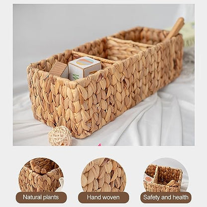 3-Section Wicker Baskets Storage Bin, Water Hyacinth Storage Basket, Handwoven Desk Organizer, Toilet Paper Container, Rectangle Holder for Counter Top Toilet