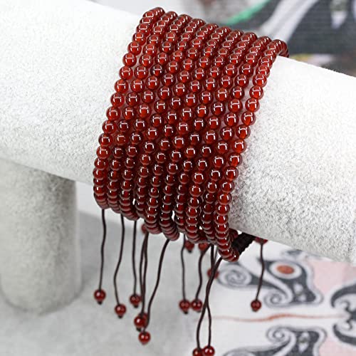 Keleny Natural Gemtones 4mm Round Beads Crystal Adjustable Braided Macrame Tassels Bracelets Unisex - color: Dyed Red Agate