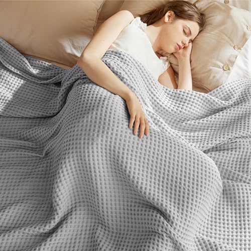 Bedsure 100% Cotton Twin XL Blanket for Spring Summer, Soft Waffle Weave Bed Blanket, Thin Lightweight Breathable Cotton Bedding, College Dorm Room Essentials for Girls, Guys, Grey, 66" x 90" - color: Grey, size: Twin Xl (66" X 90")