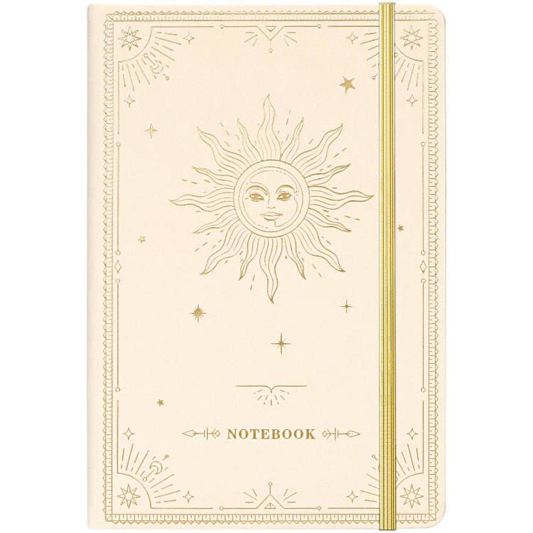 Ruled Notebook/Journal – Premium Thick Paper Faux Leather Classic Writing Notebook with Pocket + Page Dividers Gifts, Banded, Large, 144 Pages, Hard Cover, Lined (5.8 x 8.4) - White Sun Goddess - color: white