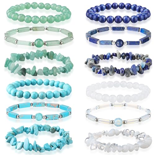 Huquary 12 Pcs Natural Stone Beaded Bracelets for Women Men 8mm Semi-precious Gemstone Stretch Bracelets Stackable Handmade Healing Crystal Jewelry Accessories for Birthday Spring Summer Gifts