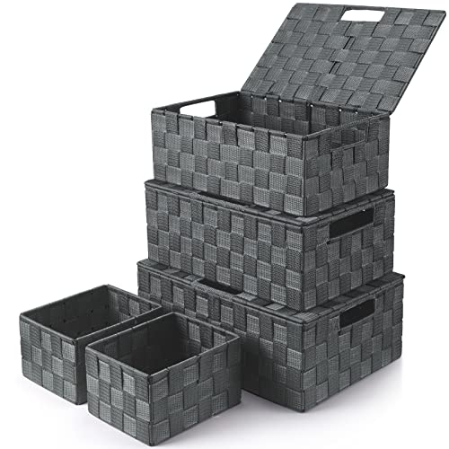 Storage Bins with Lids, Woven Storage Box Organizer Containers Decorative Baskets Cube for Clothes Bedroom Closet Office (5 Pack, Grey) - color: Grey, size: 5pack with Lids
