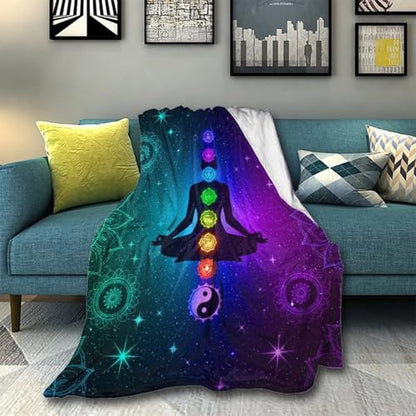 Fleece Blanket Plush Throw Fuzzy Throws Nine Chakra Yoga Meditation Lotus Blue Mandala, Lightweight Soft Microfiber Flannel Blankets for Couch Bed Sofa, 60"x80"