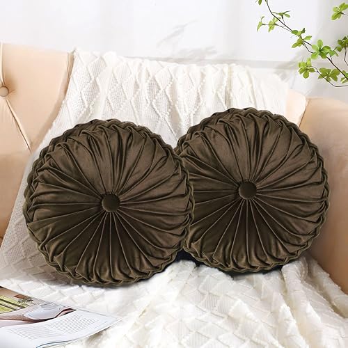 HIG Set of 2 Decorative Round Pleated Throw Pillows,Classy Accent Pumpkin Throw Pillows with Center Button,Vintage Velvet Floor Pillows for Sofa Vanity Chair Bed,Chocolate,14.5" Diameter(Ripple) - color: Chocolate