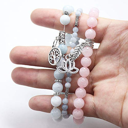 Tree of Life Yoga Healing Stone Bracelets,Multilayer Lotus Chakra Stone Reiki Bracelet Sets,Anxiety Crystal Natural Stone,for Women Stress Relief - style: Aquamarine + pink crystal