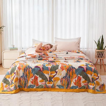 Boho Throw Blanket - 100% Cotton Soft Throw Blanket for Bed, 90"x90" Reversible Breathable Lightweight Summer Blankets, All Seasons Farmhouse Decor Floral Plant Butterfly Throw Quilt