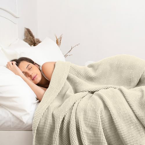 Waffle Blanket Queen Size Bed, 100% Cotton Soft Lightweight Breathable Summer Blanket, Waffle Weave Queen Size Bed Blanket: Beige (90"x90") - color: Beige, size: Queen (90" x 90")