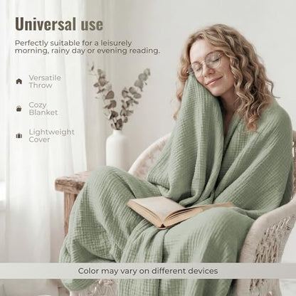 4-Layer Muslin Cotton Queen Bed Blanket (90 x 90 inches) – Ultra Soft Breathable Gauze, Lightweight All-Season Cozy Blanket, Machine Washable – Green - color: Green, size: Queen (90 x 90 inches)