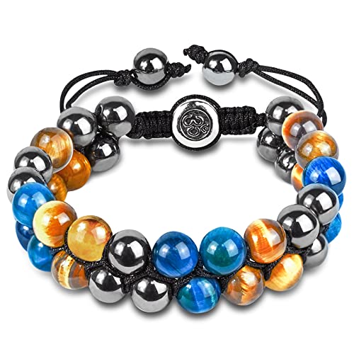 Triple Protection Bracelet Natural Black Obsidian Tigers Eye Hematite Beads Crystal Bracelet Healing Bracelets for Men Women Bring Prosperity Luck and Health - color: Yellow Blue